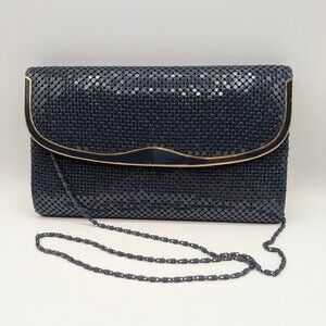 Vintage Navy Mesh Clutch Gold Trim, Navy Metal Shoulder Strap, Magnetic Closure